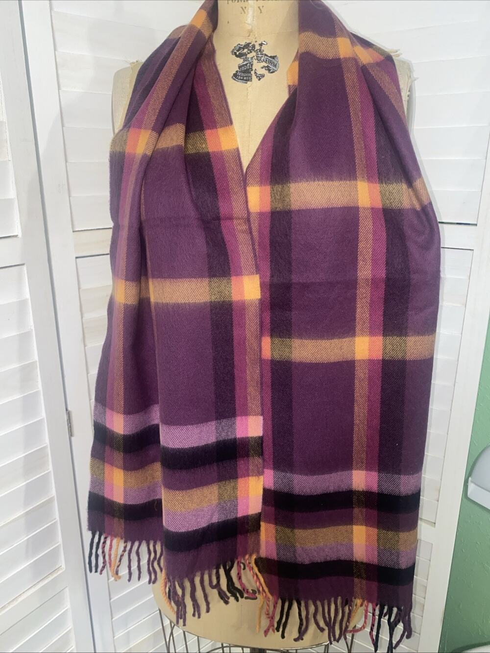 Plaid Scarf 100% Cashmere Made In Scotland Tartan Plaid Purple Pink Orange 64x12